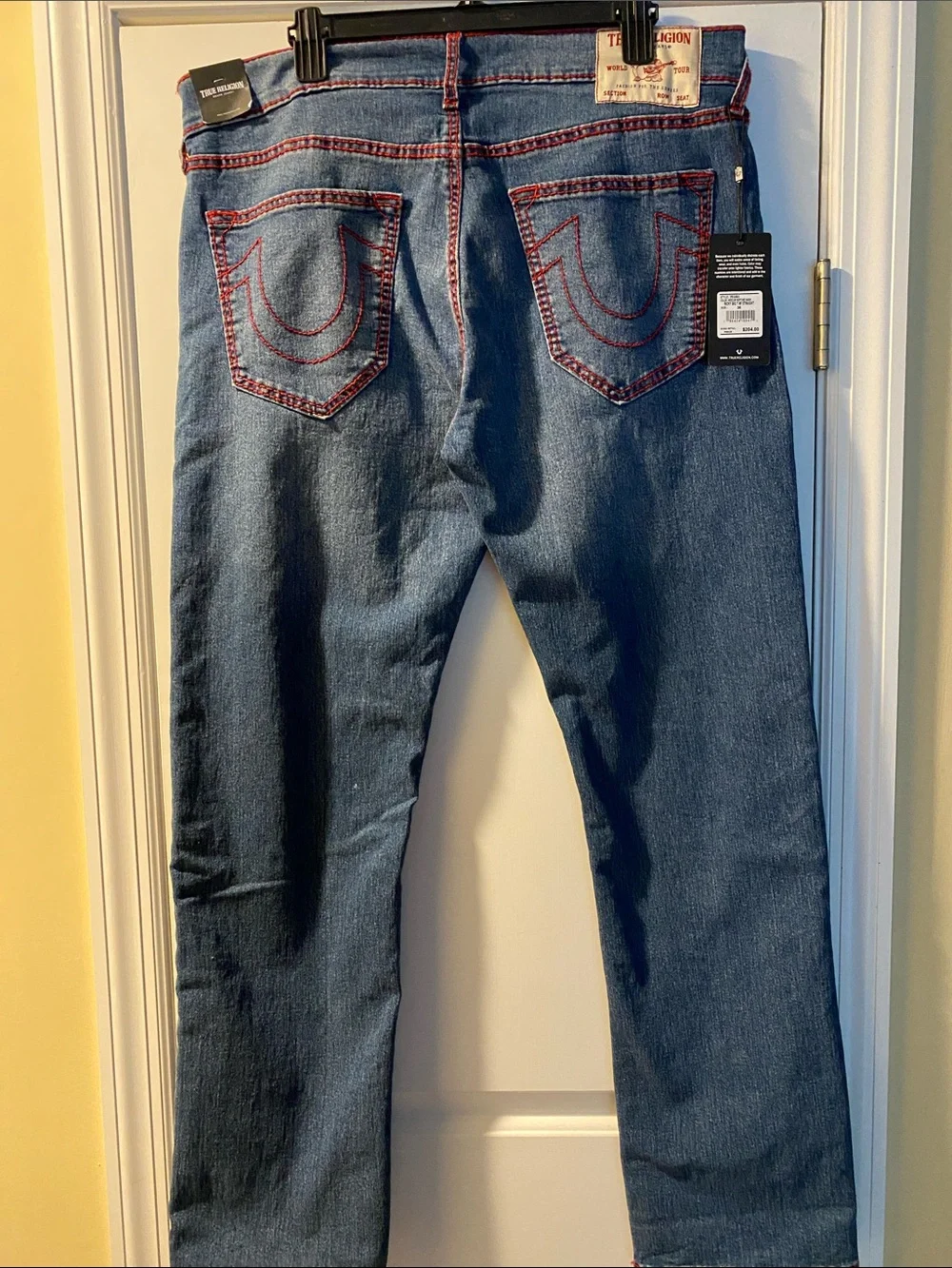 True Religion Relaxed Straight Cotton Stretch Red Stitching Jeans NWT